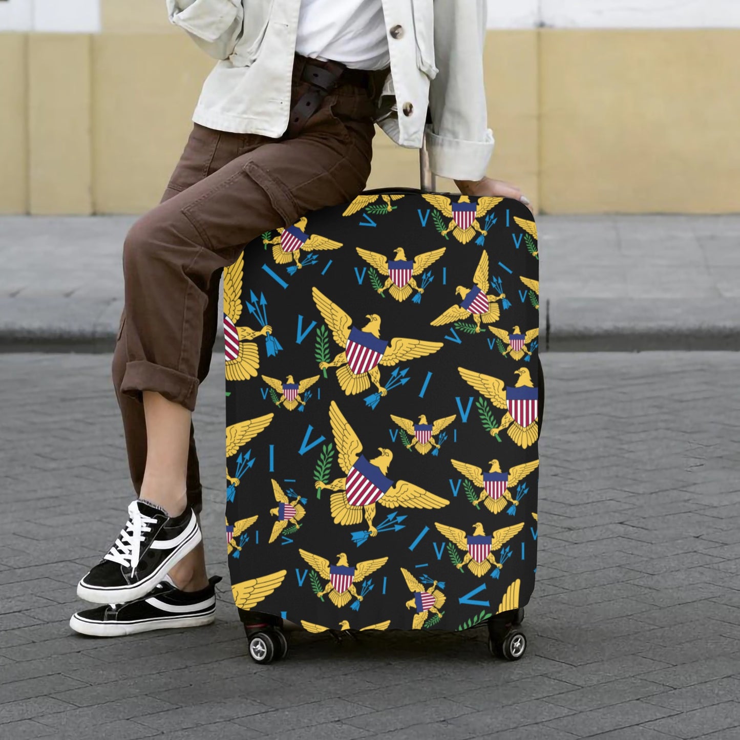 VI Multiple Flags_ Luggage Cover_Blk Extra Large 28"-30"